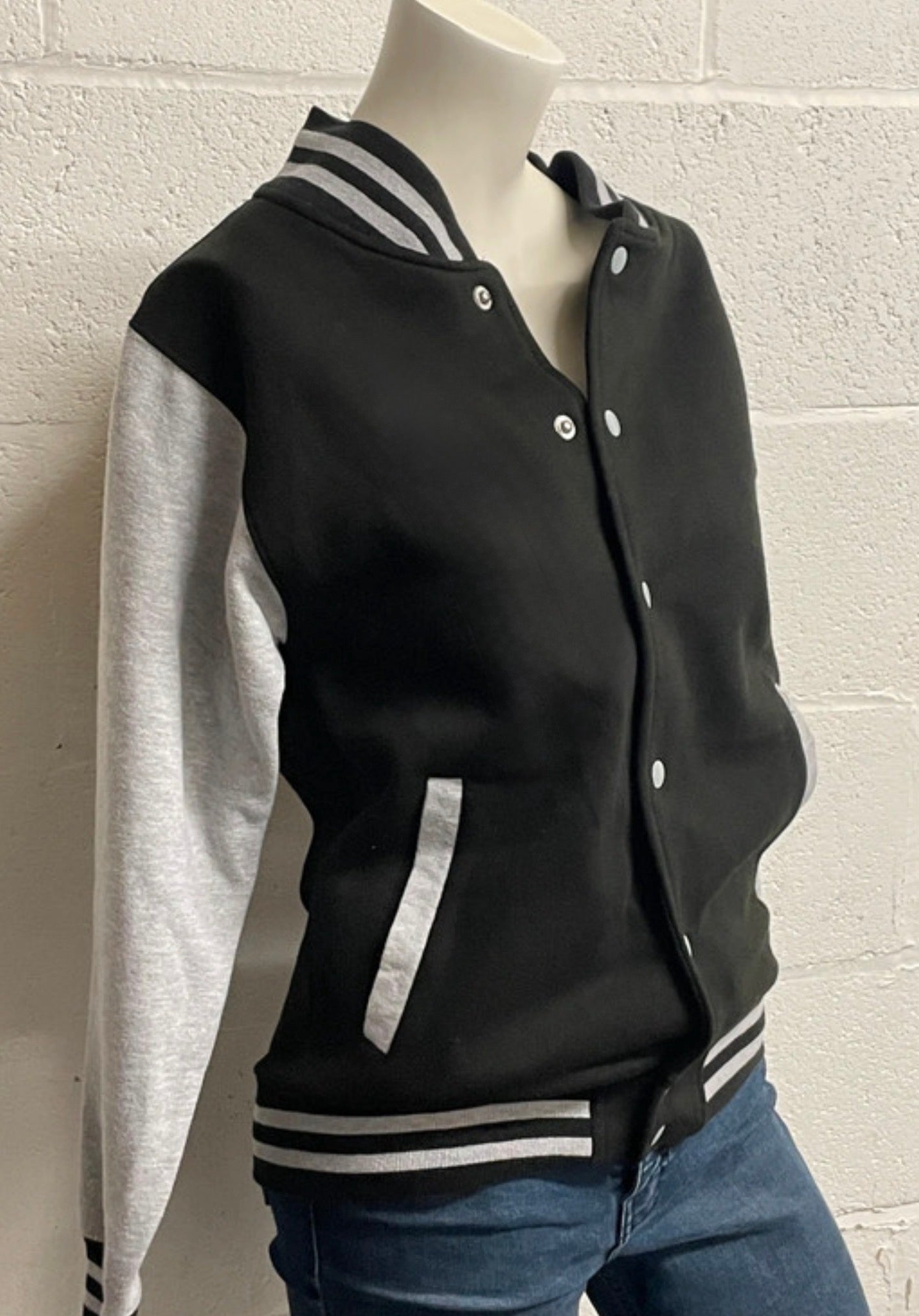 AWDis Varsity Jacket Black Grey Snap Button College Jacket Size S