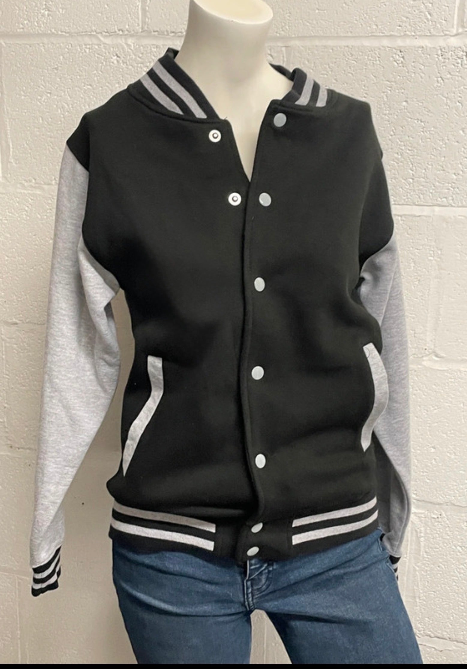 AWDis Varsity Jacket Black Grey Snap Button College Jacket Size S