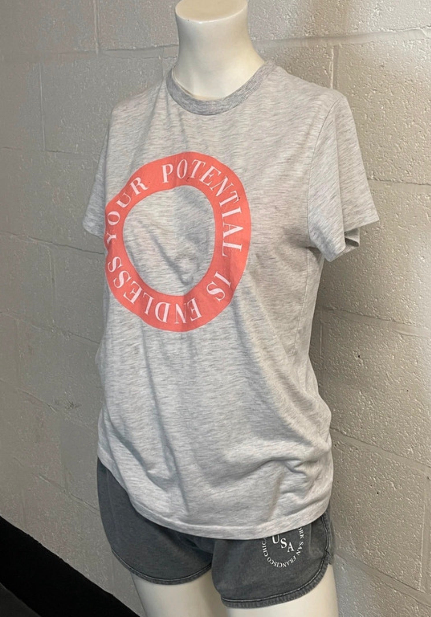 Primark Grey “Your Potential Is Endless” Slogan T-Shirt | UK 6–8 | Coral Print