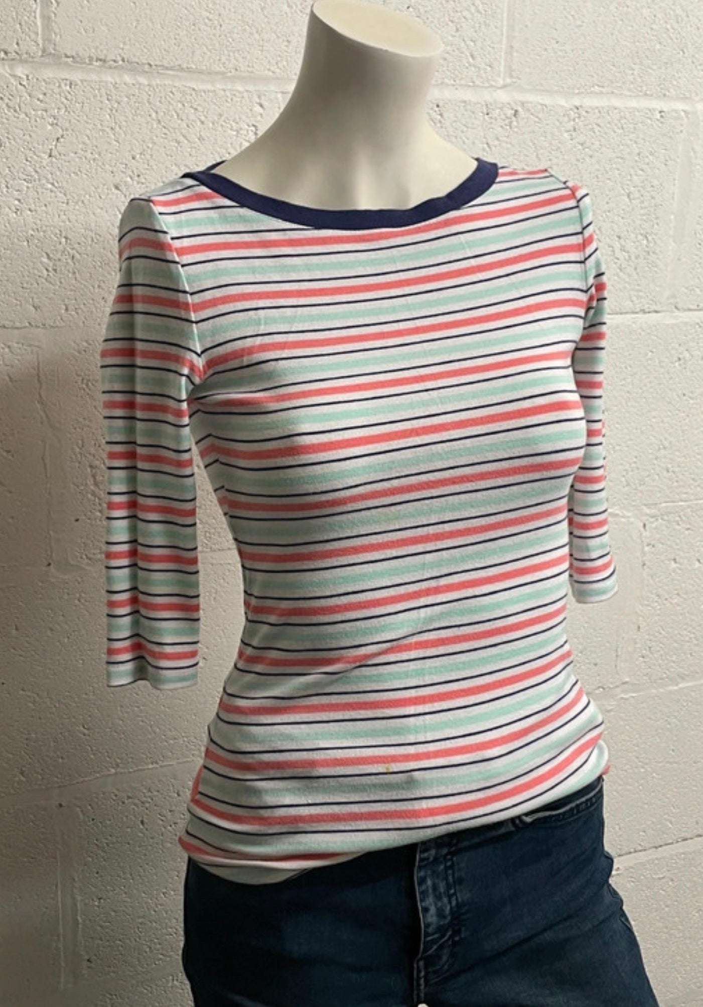 TJX Women’s Stripe 3/4 Sleeve Top | Navy Trim Boat Neck | Coral & Mint UK 10
