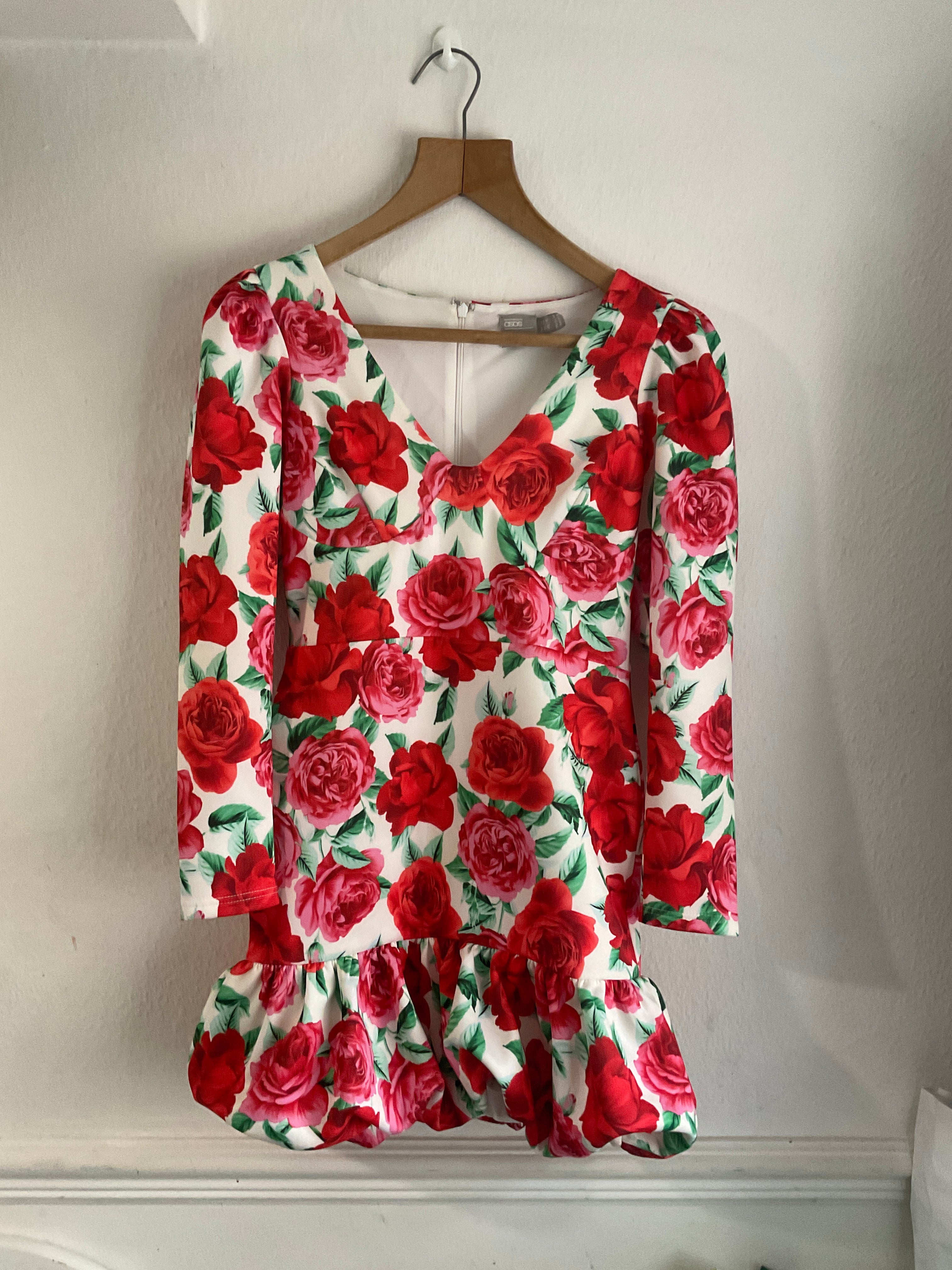 ASOS White Rose Floral Long Sleeve Mini Dress UK 10 (P2P 14”)