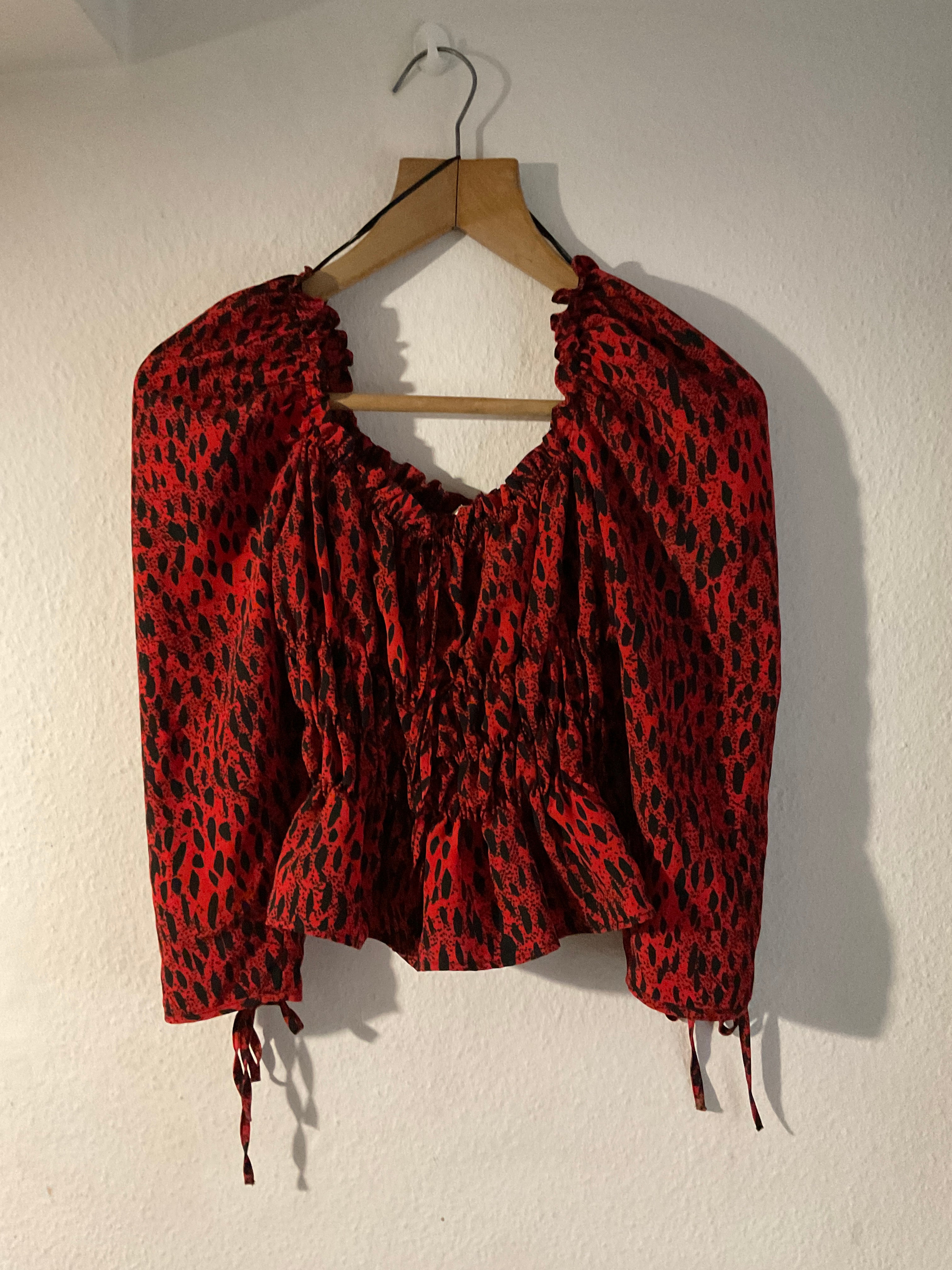 Topshop Petite Red & Black Animal Print Ruched Peplum Blouse UK 10